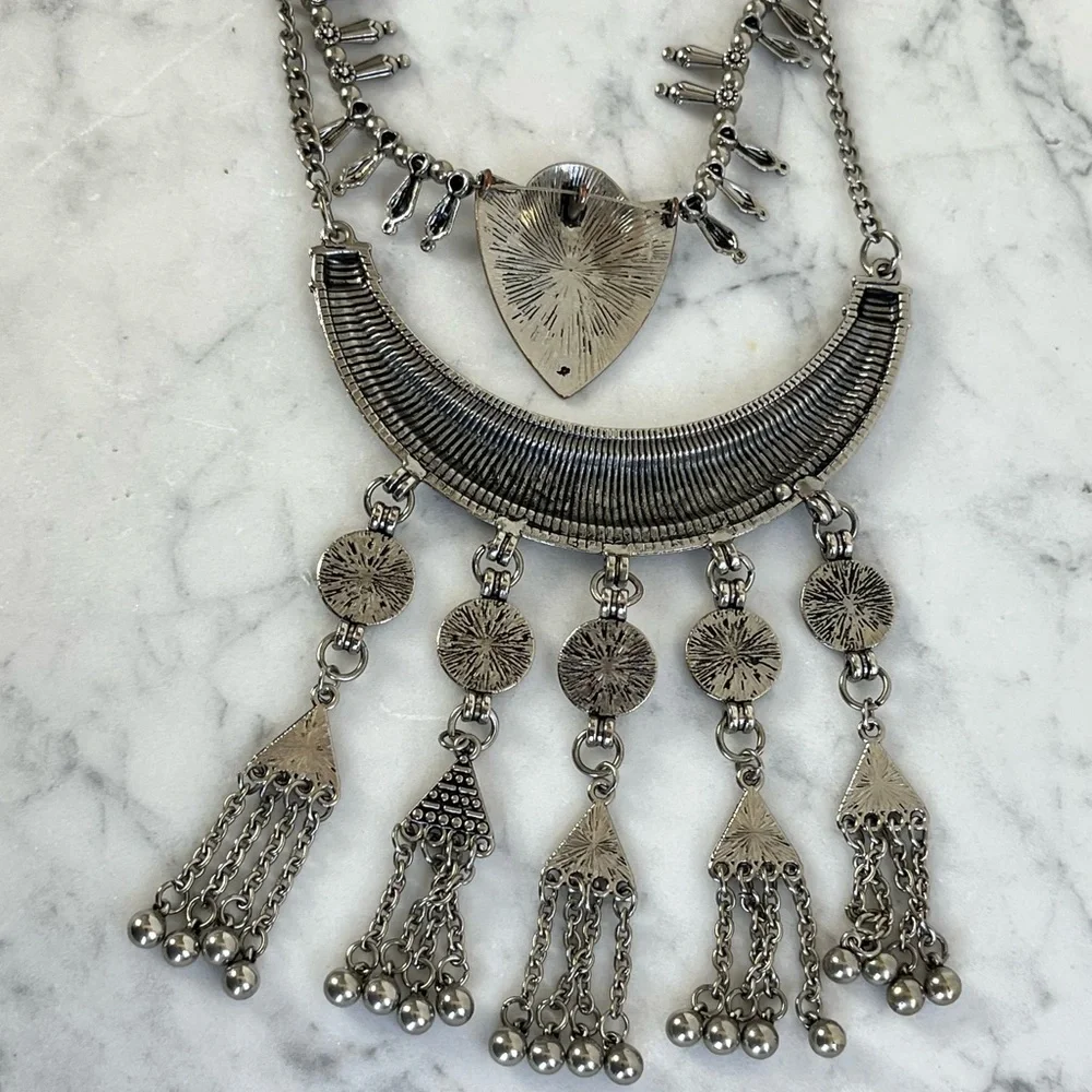 Southwestern Style Silver Toned Boho Statement Necklace